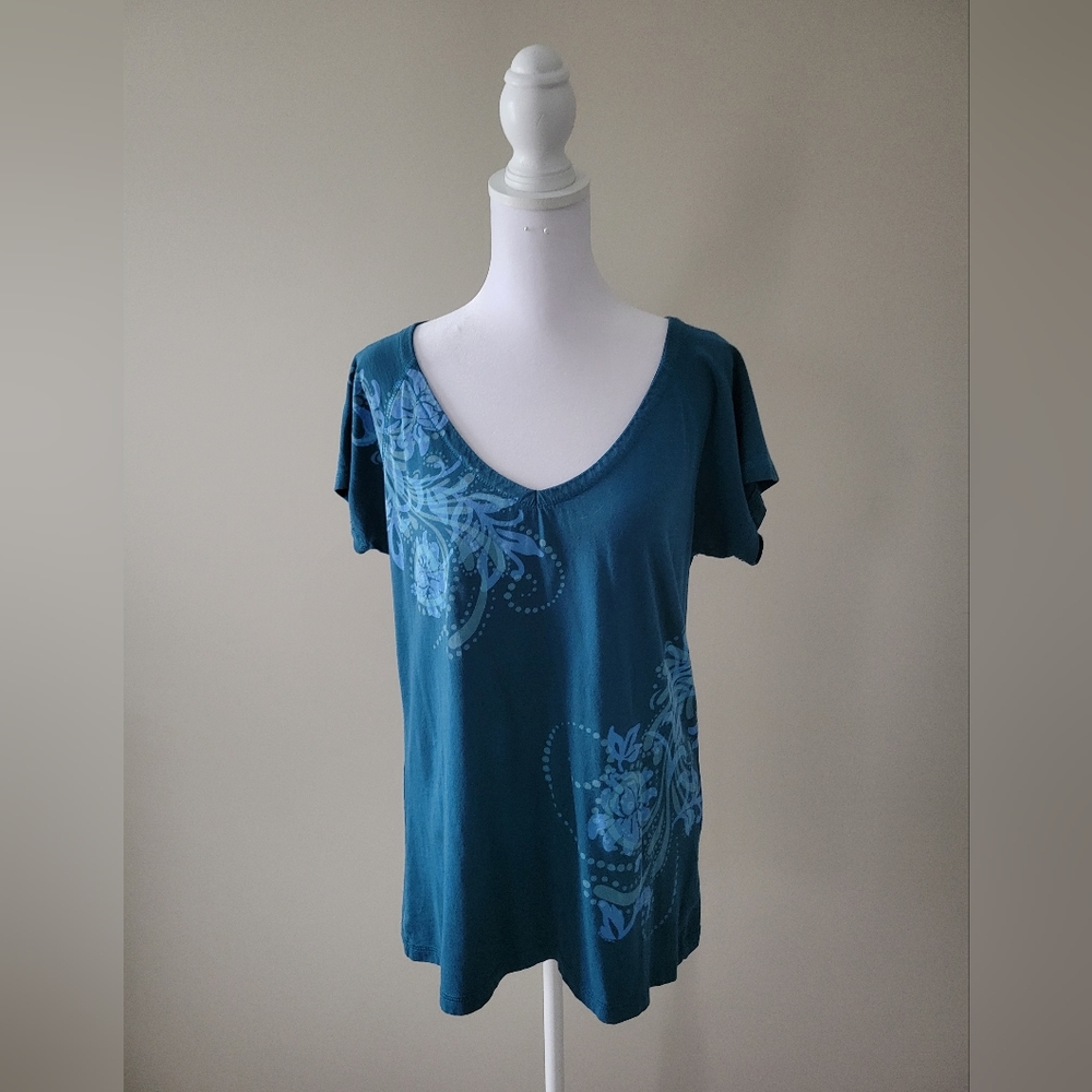 Crazy Shirts Deep Blue Floral V Neck Short Sleeve Shirt - Size L
